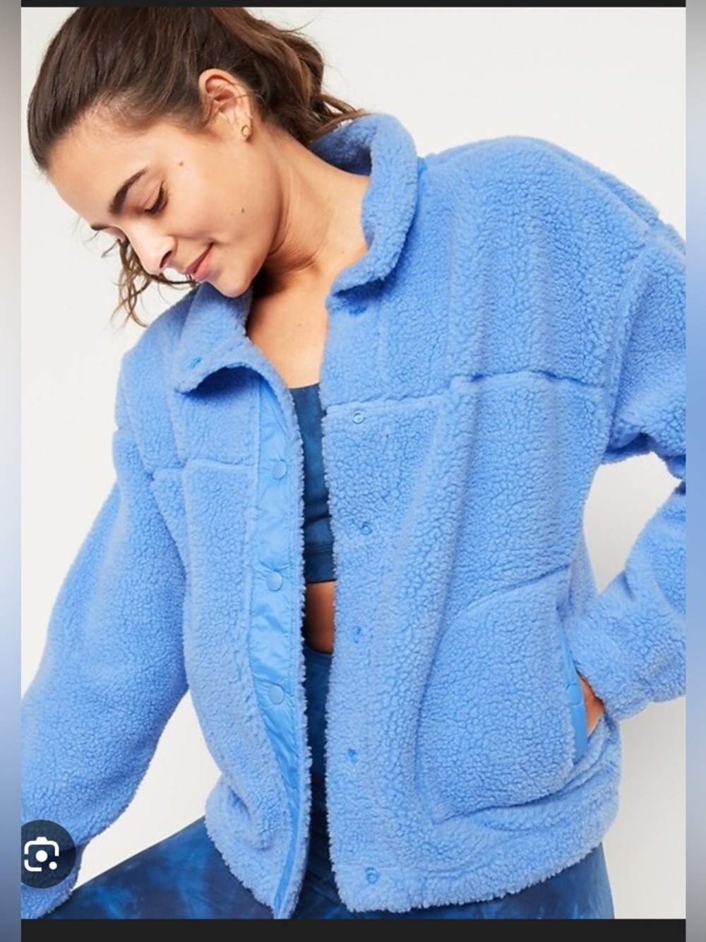 NWT Old Navy Periwinkle Blue Sherpa Snap Puffer Style Jacket Coat slight crop